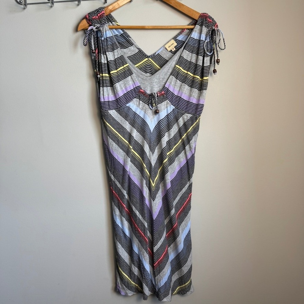 Ella Moss Striped V-Neck Mini Dress Multi Color Size Medium Shoulder Ties Boho